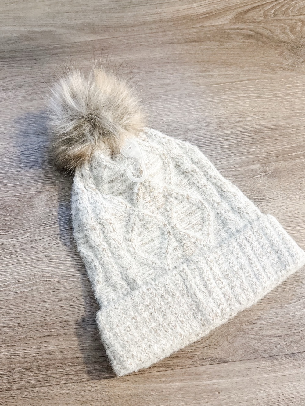 Cozy Faux Fur Pom Pom Knit Beanie - Light Beige